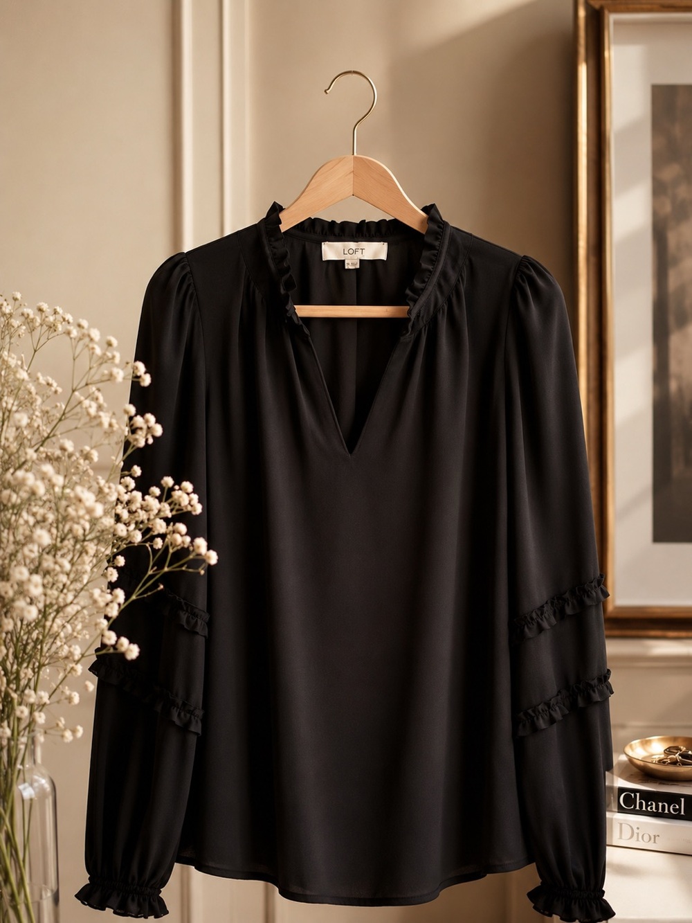 LOFT Black Long-Sleeve Ruffle-Trim Blouse